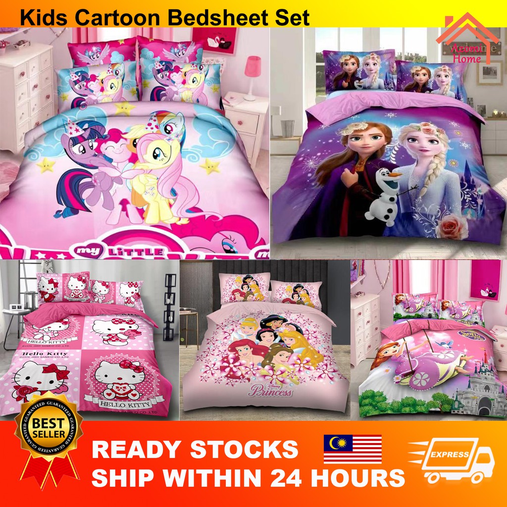 2in1 4in1 Single Queen Cadar Cartoon Bedsheet Cartoon Fitted Bedding Pillow  Cover Kids Pony Frozen Disney Bed | Shopee Singapore