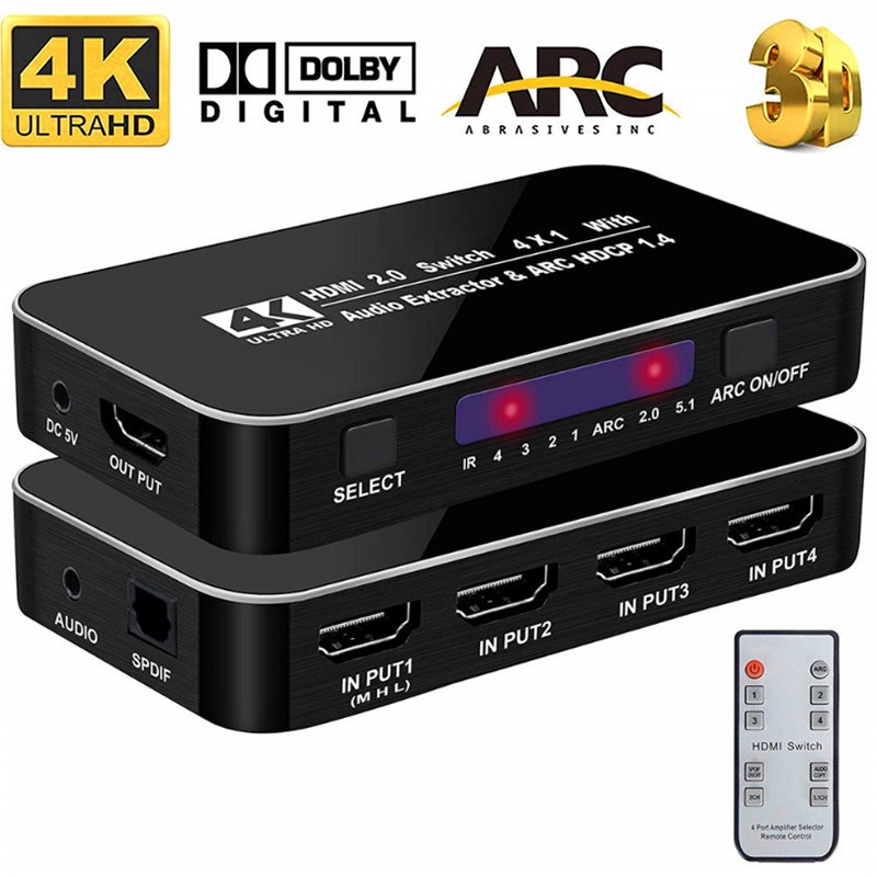 UGOODBUY HDMI2.0 4 in 1 out Switcher Remote Control Switch with Audio ...