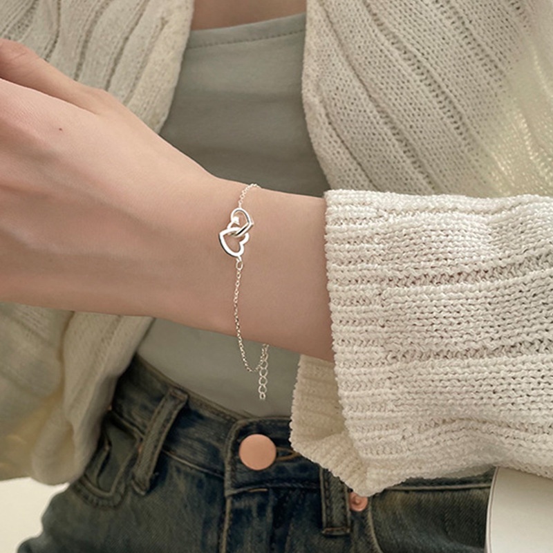 Image of Fashion Double Heart Silver Plated Interlocking Petite Heart Bracelet For Women #3