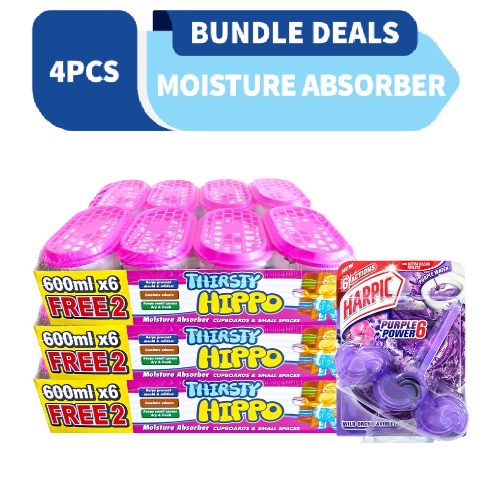 24s Thirsty Hippo Dehumidifier Moisture Absorber 600ml & 1x Harpic Wave