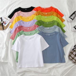 Image of korea 13 colors summer short sleeve navel tops casual solid small t-shirt