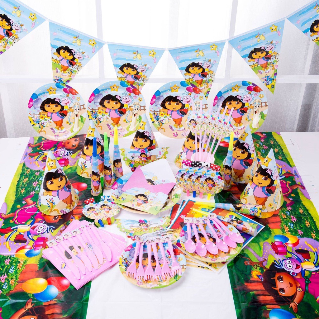 Dora The Explorer Disposable Tableware Decoration Set Jungle Forest Banner Cake Topper Plate Straw Baby Birthday Party Needs Celebrate Shopee Singapore