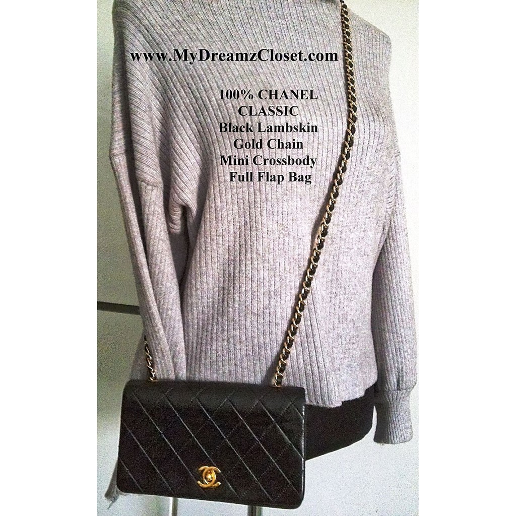 100% CHANEL CLASSIC Black Lambskin Gold Chain Mini Crossbody Full Flap Bag | Shopee Singapore