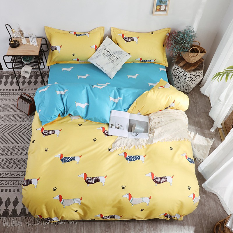 Dansunreve Bedding Set Twin Queen King Size Sheet Sets Pet Lovers Flat Sheet Dog Printed Yellow Quilt Cover Blue Students Shopee Singapore