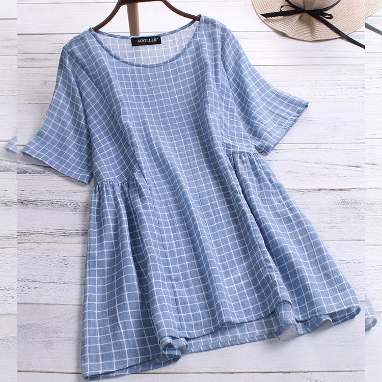 M 5XL Women Blouse  Vintage Plaid Baju  Short Sleeve Plus 