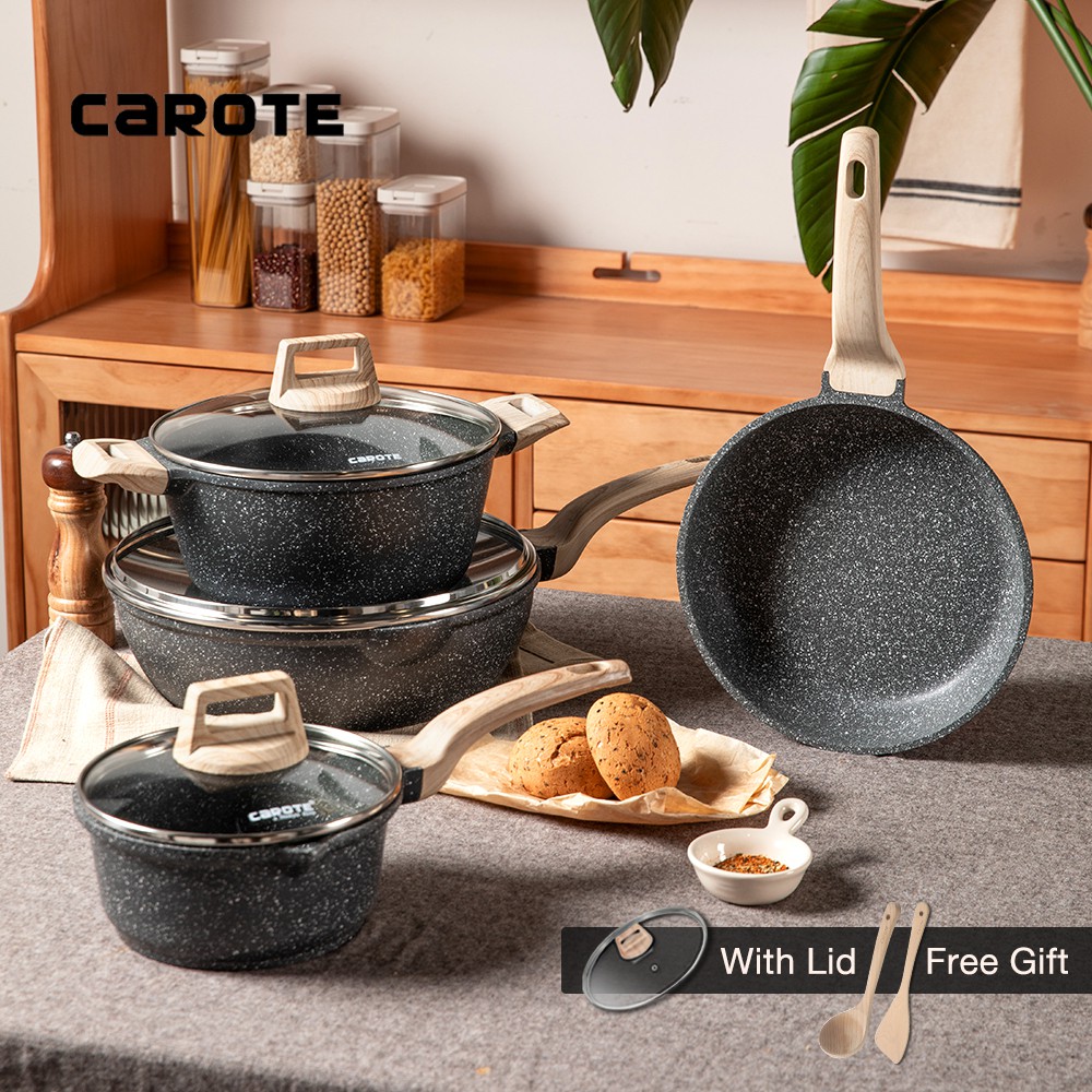 Carote Essential Woody Nonstick Cookware Set 4 pieces 24CM Casserole 24CM Fryingpan, 30CM Deep