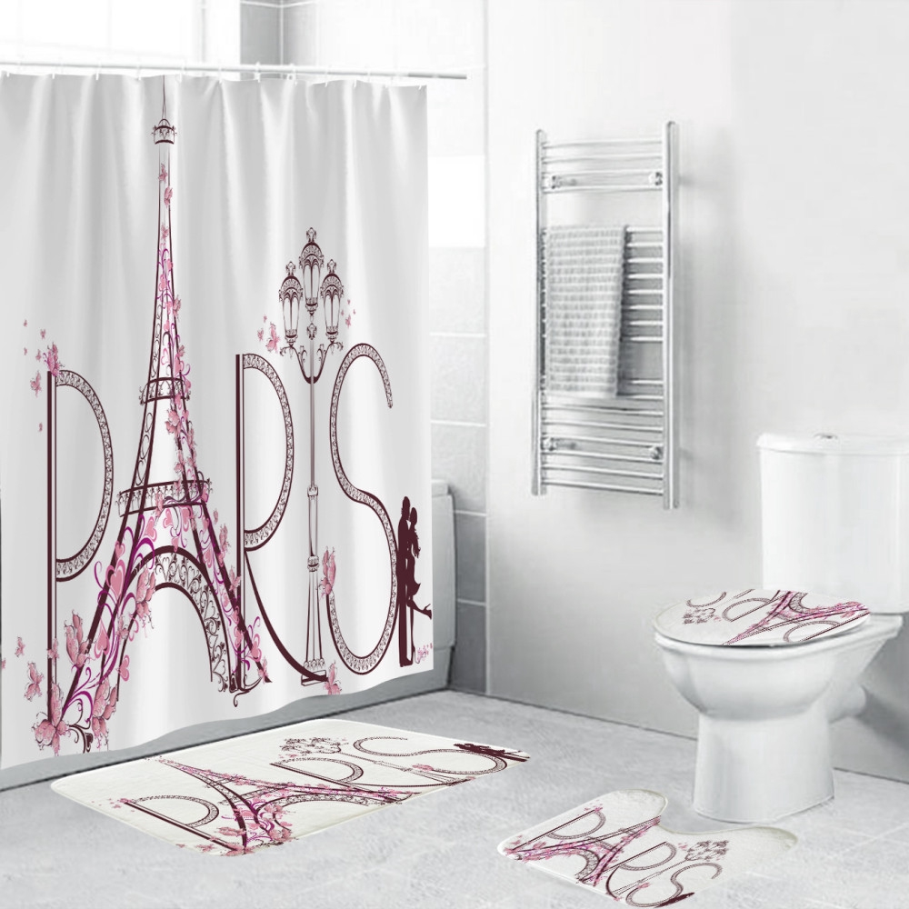 Bathroom The Eiffel Tower Shower Curtain Anti Slip Toilet Mats Set