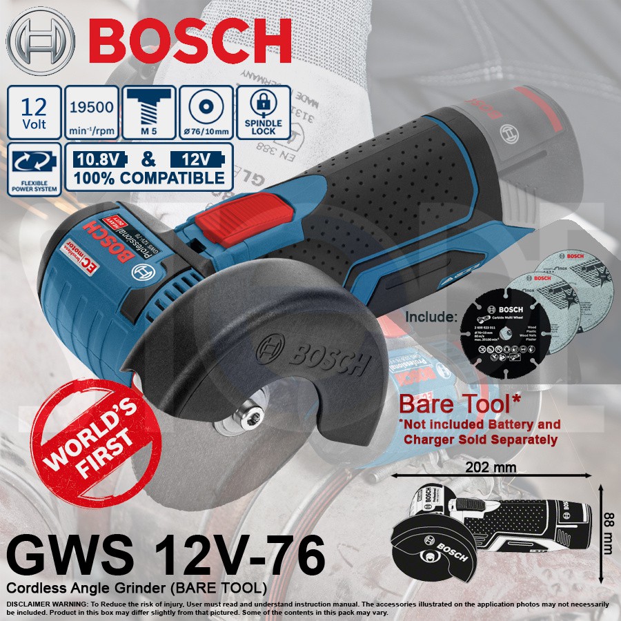Bosch GWS 12V76 Cordless Multi purpose 3 Inch Angle Grinder (Bare Tool
