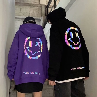 Image of In stock, men's plus size hoodie, reflective smiley print, couple sweater top, hip-hop hoodie