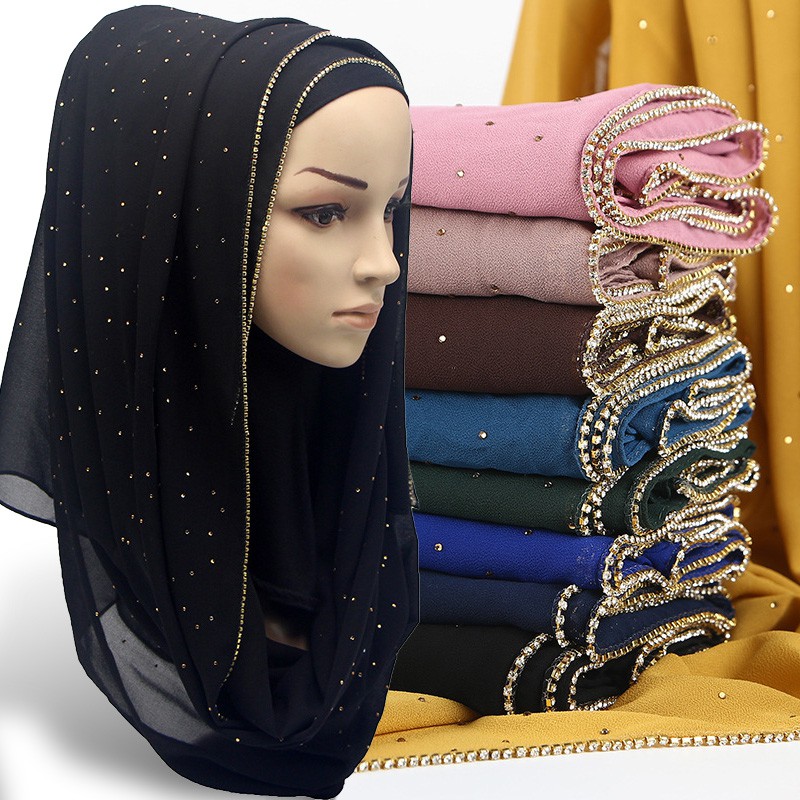 Jifang High Quality Women Plain Bubble Chiffon Muslim Hijabs Shawls Shiny Rhinestone Bling Scarf