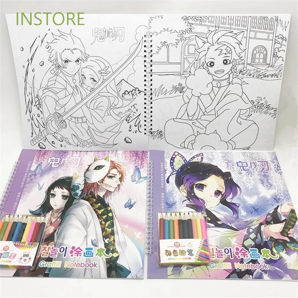 Download INSTORE Special Demon Slayer Coloring Book Relieve Stress Graffiti Notebook Colouring Book Anime ...