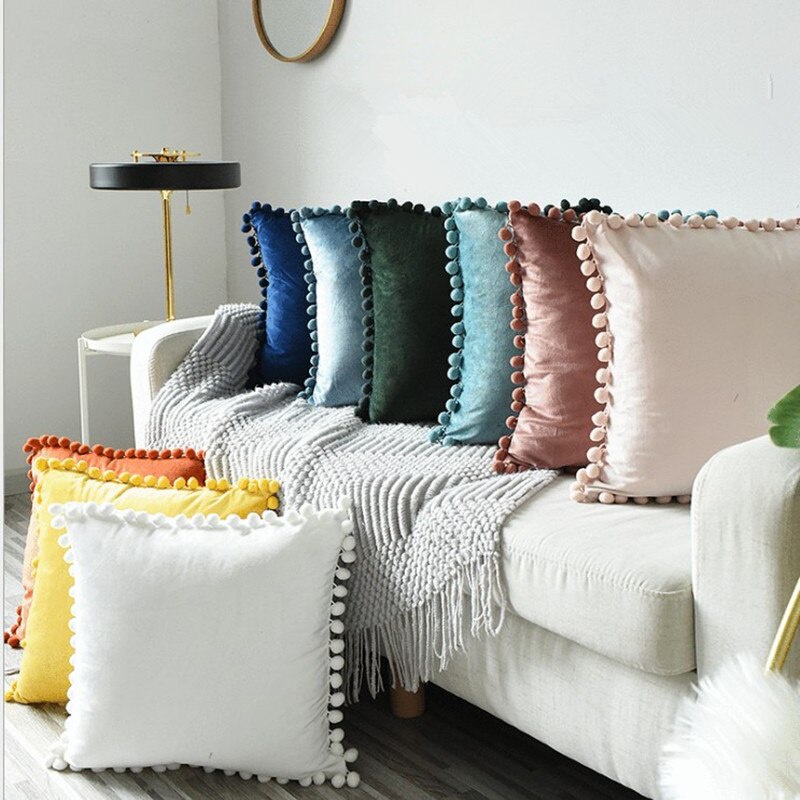 30/50cm Luxury Pom Pom Velvet Cushion Cover Throw Pillow Case Home Sofa Decor 