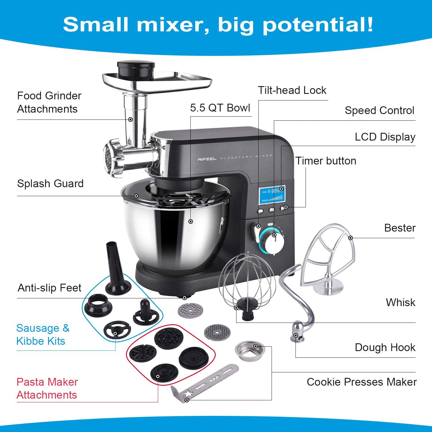 Aifeel Ou 6117b Stand Mixer 5l 10w 3 In 1 Electric Stand Mixer With 5 0 Litre Food Grade Bowl 5 Speed Settings Shopee Singapore