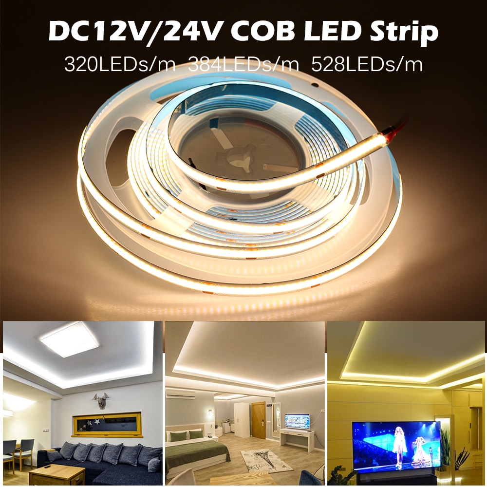 5M DC 12V/24V COB Flexible LED Strip Light 3000K 4000K 6000K 384leds/M 528leds/M 