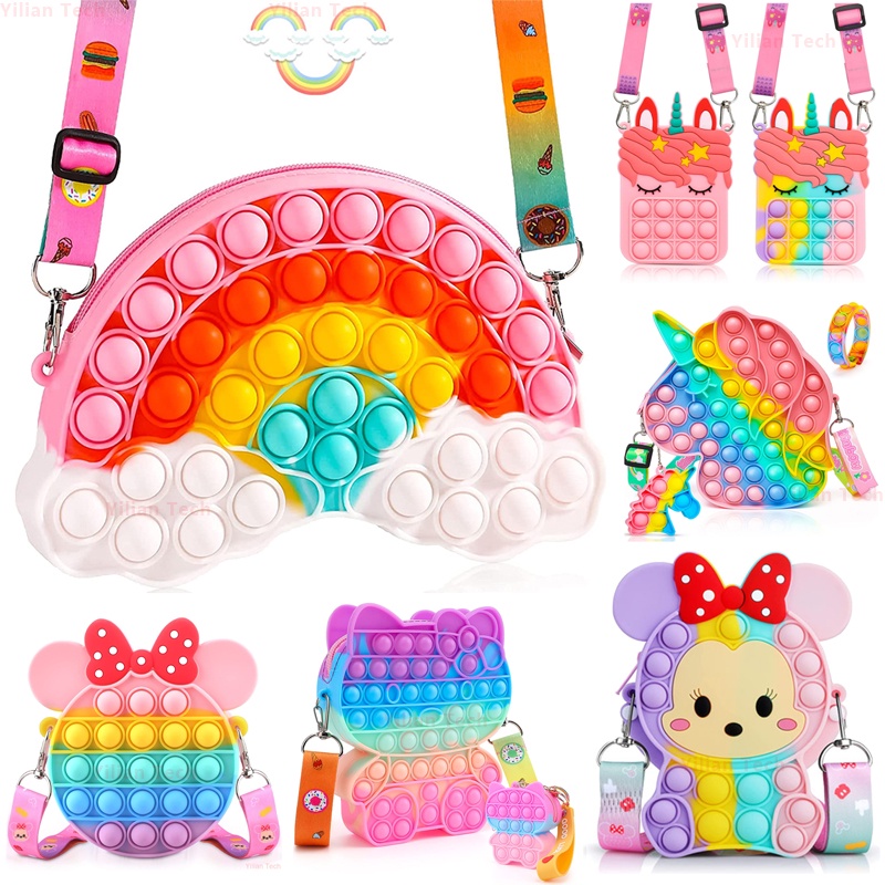 Pop Unicorn Bag Purse Handbags Shoulder Strap Silicone Rainbow Kawaii Messenger Bag Girl Children Push Bubble Toy Gift