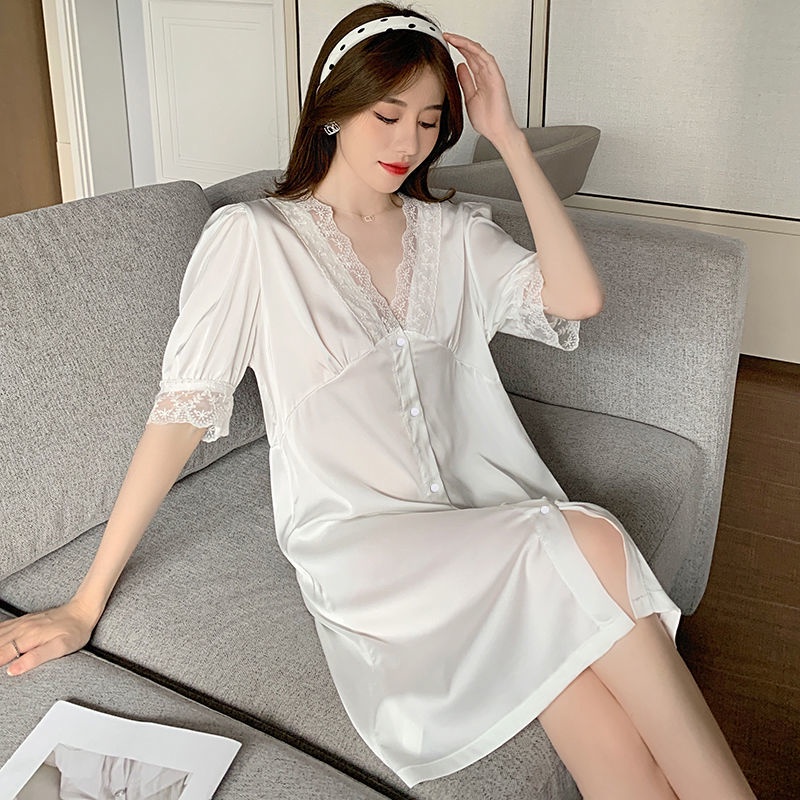 High-quality nightdress V-neck chiffon ice silk pajamas Sexy white mid-length shirt nightdress Thin mid-sleeve home wear