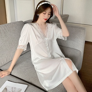 Image of thu nhỏ High-quality nightdress V-neck chiffon ice silk pajamas Sexy white mid-length shirt nightdress Thin mid-sleeve home wear #1