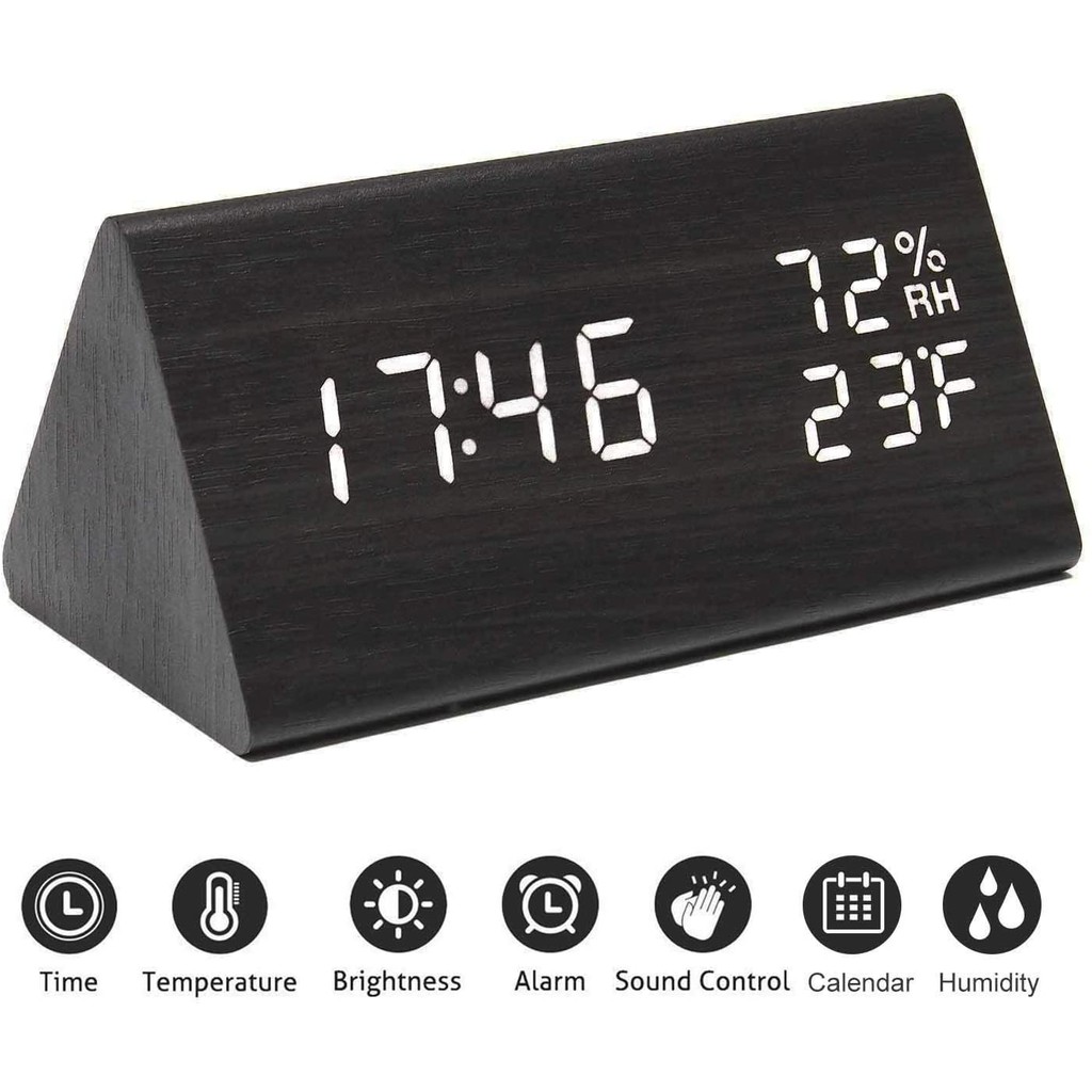 Digital Alarm Clock with Wooden Electronic LED Time Display 3 Alarm Settings Humidity