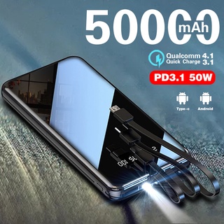 50000mAh Power Bank Portable Fast Charging Full Screen Built-in 3 Cables Powerbank External Battery 30000mAh