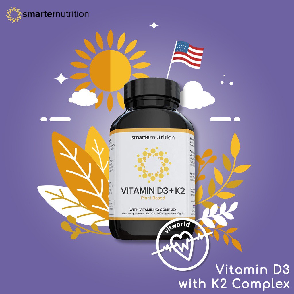 Smarter Nutrition Vitamin D3 5000 IU + K2 Complex 1100 mcg Plant Based