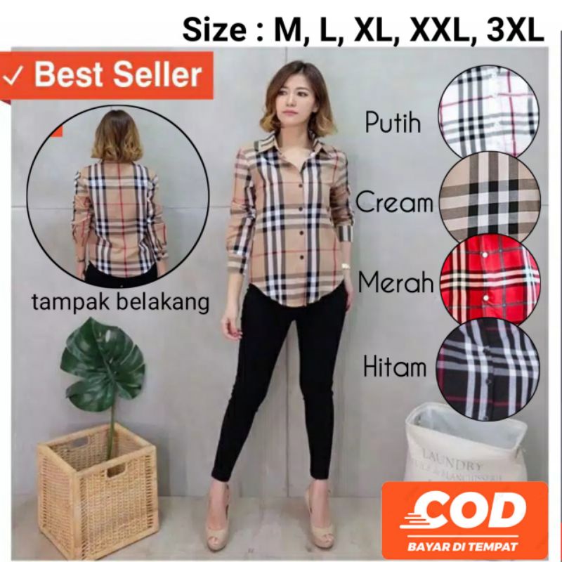 FASHION PAKAIAN WANITA ATASAN KEMEJA STYLE KOREAN MODEL KOTAK KOTAK SHIRT KEMEJA BLUEberry FLANEL