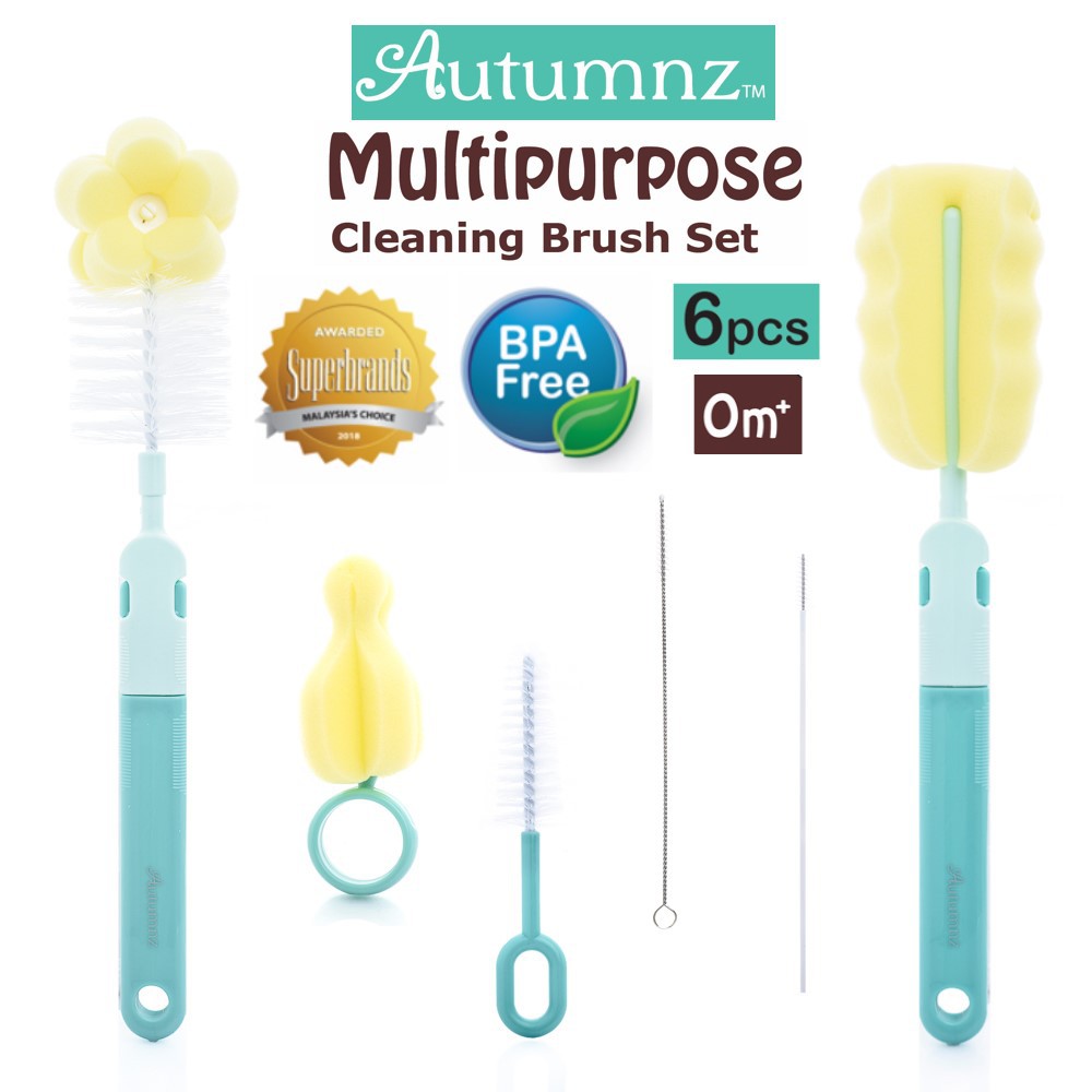 Autumnz Multipurpose Baby Milk bottle Water bottle Cleaning Sponge & Nylon Brush Teat Set (6pcs) *BPA Free *PP material