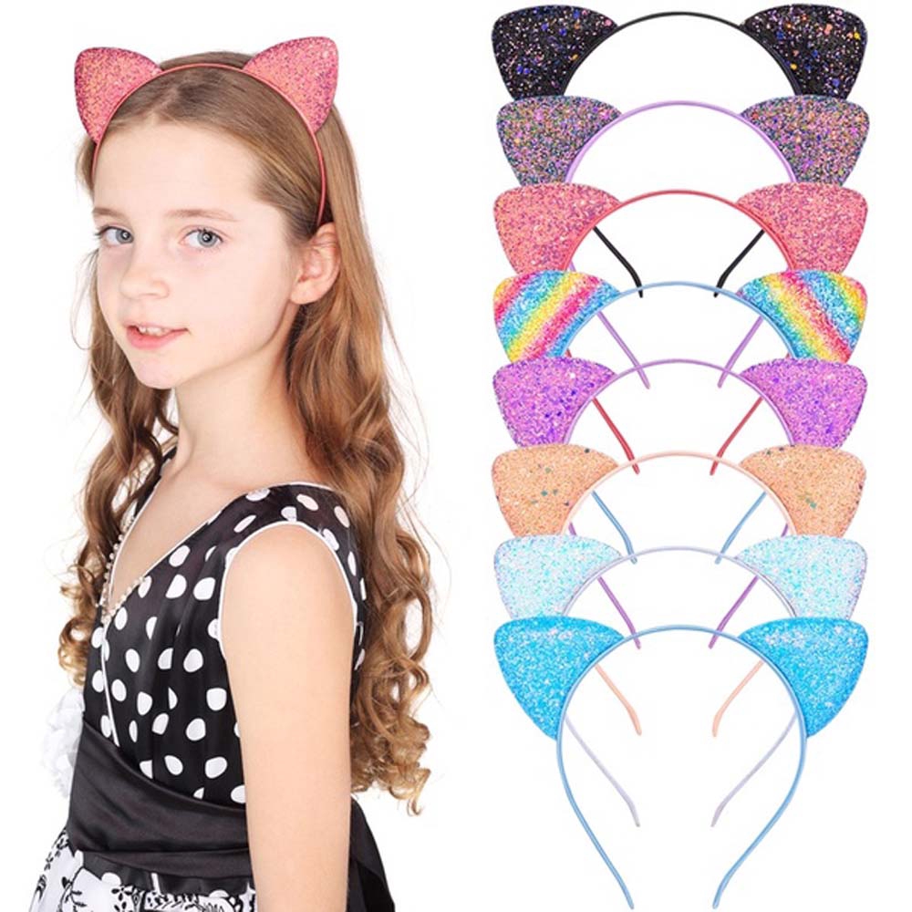 Amaone Cat Ears Headbands Sequin Women Girls Kids Adult Jewelry Piece Lovely Headwear Hair Hoop Hand Band Masquerade Party Cosplay Costume Daily Decorations Hair Accessories 