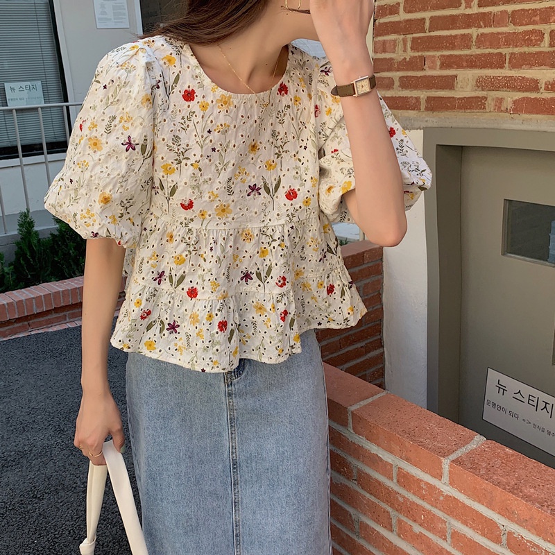 Korean Cotton Blouse with Puffed Sleeves