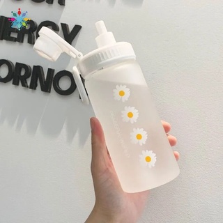 Small Daisy Transparent Plastic Water Bottles 500ml With straw Creative Frosted Water Bottle With Portable Rope Travel Tea Cup JP2
