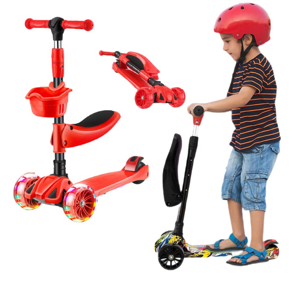 3 Wheels Adjustable Kicks Scooter for Kids with Flashing LED Wheels and