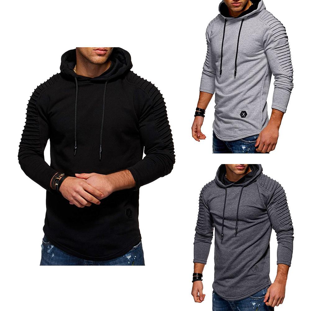 solid pleated sleeve hem curved long fleece hoodie