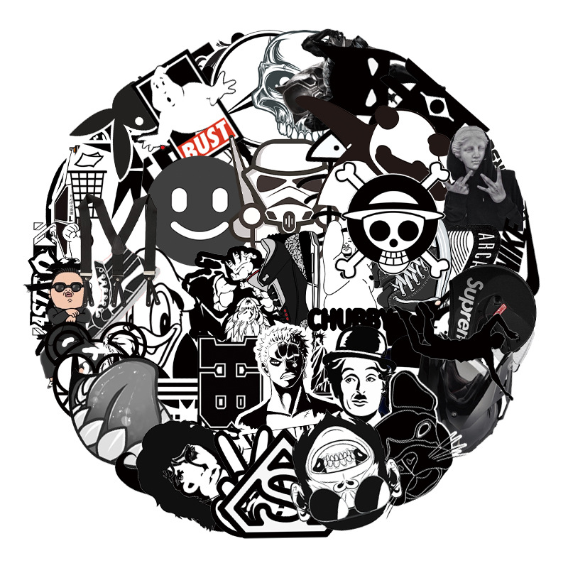 55pcs black and white series of cartoon stickers school supplies waterproof