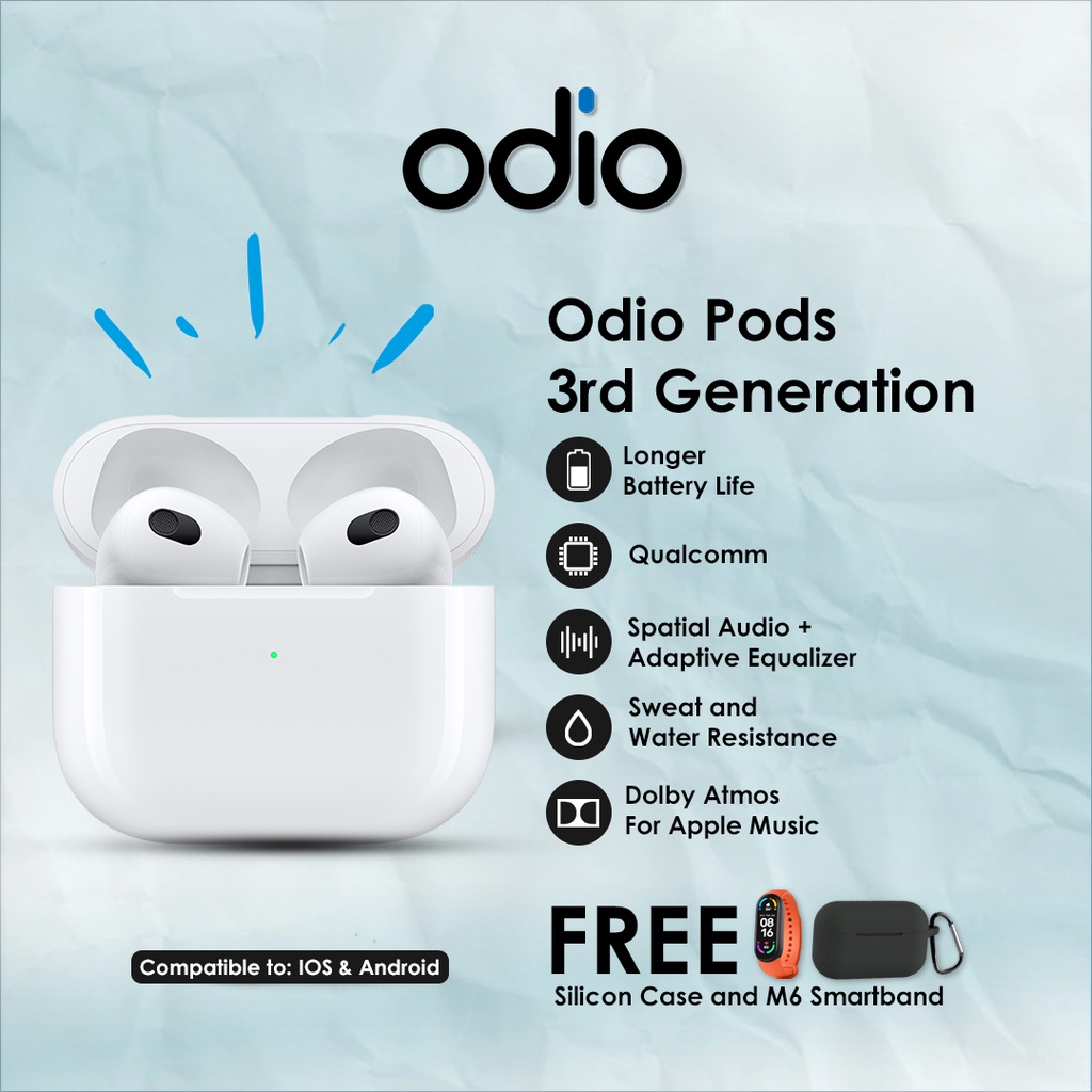 Odio Pods Gen 3 2022 100% Original Wireless Charging Case (Highest Upgrade + Spatial Audio) +  Free Silicone Case & M6 Smartband Airpds by Odio Indonesia Official  Rp628,500