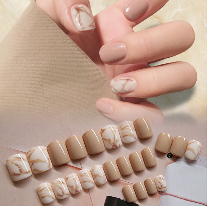 (With glue) Hyuna Style Marble White Flame Stripe Check Pattern Acrylic Fake Nails With Glue COD