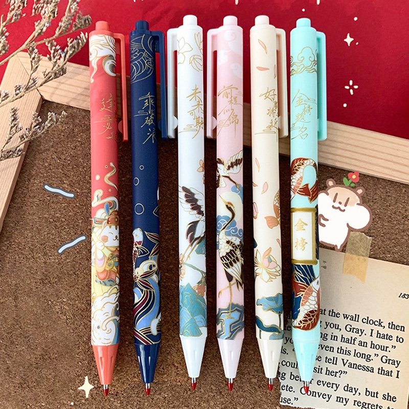 6 Pcs 0.5mm Chinese Style Koi Series Black Ink Ballpoint Pen Student Writing Utensils
