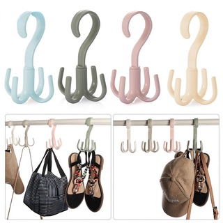 Home Rotating Four-claw Hook Organization 4 Hook Multifunction Storage Hook 360 Degree Shelf Storage Nail-free Wardrobe Bag Tie Hanger Plastic Hanger/Multicolor