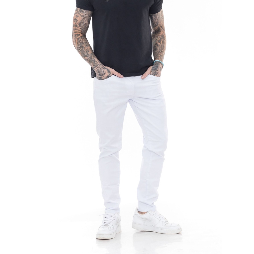 Calça Sarja Masculina Branca Mega Skinny Premium Algodão Comfort Super