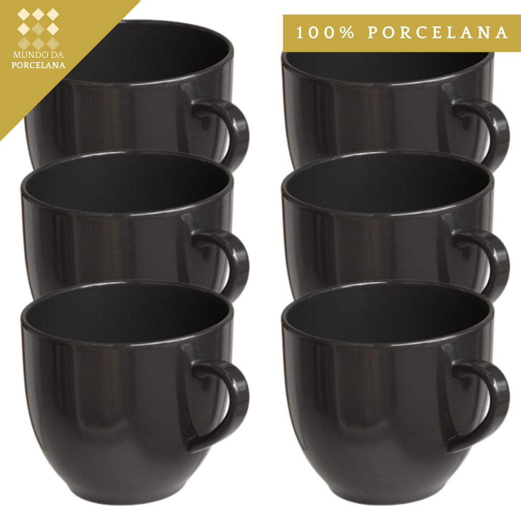 Jogo 6 Xicara Café Chá Porcelana Preta 170ml - Mundo da Porcelana