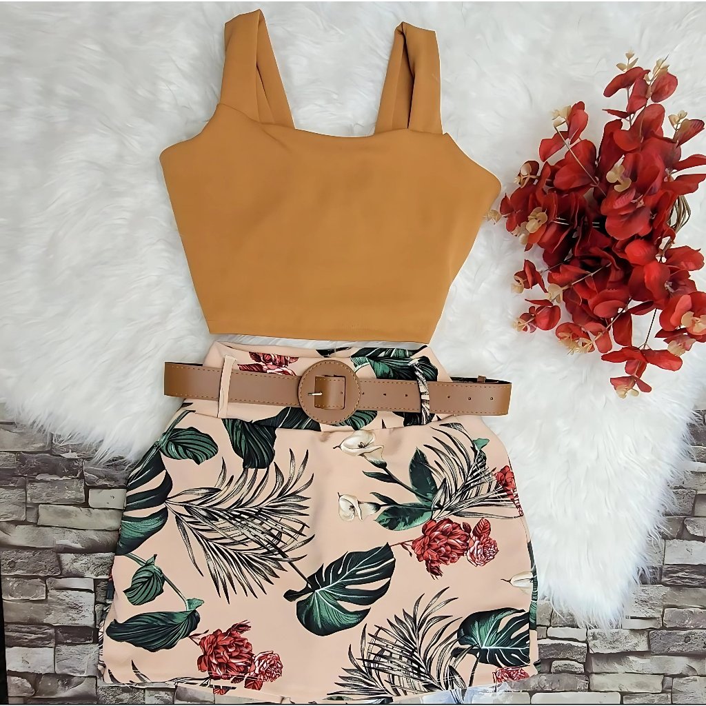 Conjunto Feminino Plus Size Blusa Cropped Short Saia Cintura Alta com Cinto Conjuntinho Casual Curve