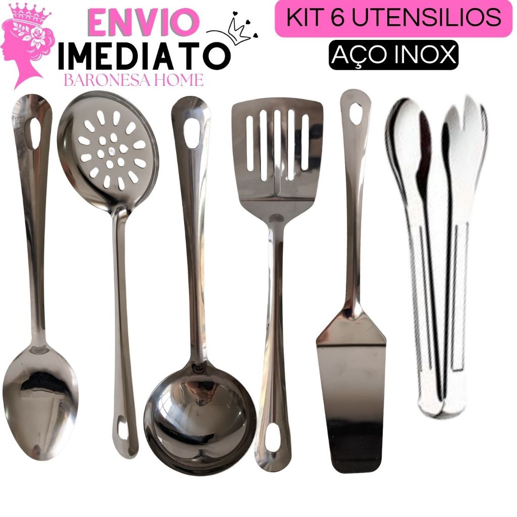 Jogo de Utensílios Para Cozinha Kit 6 Peças Aço Inox Colher de Servir Concha de Feijão Escumadeira E