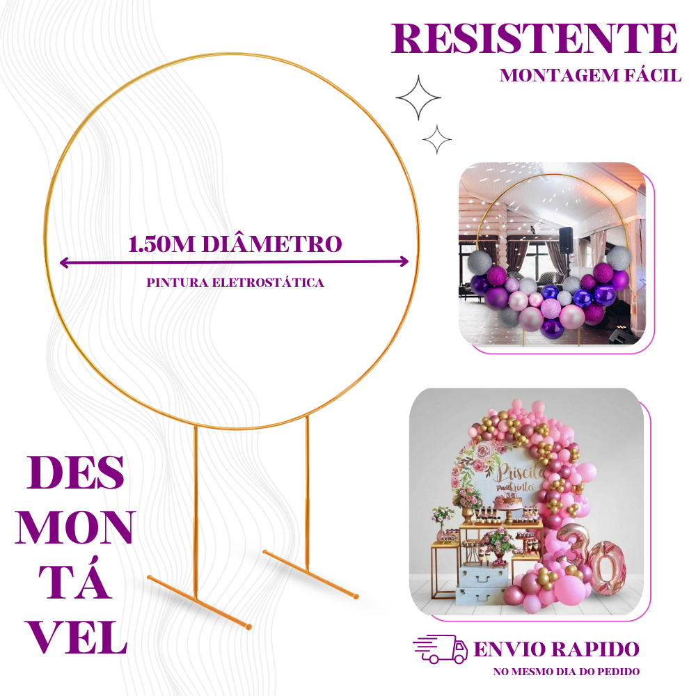 Estrutura Arco Redondo 1,50m Desmontável Ferro Reforçado Regulável para Festas e Decoração  Bexigas