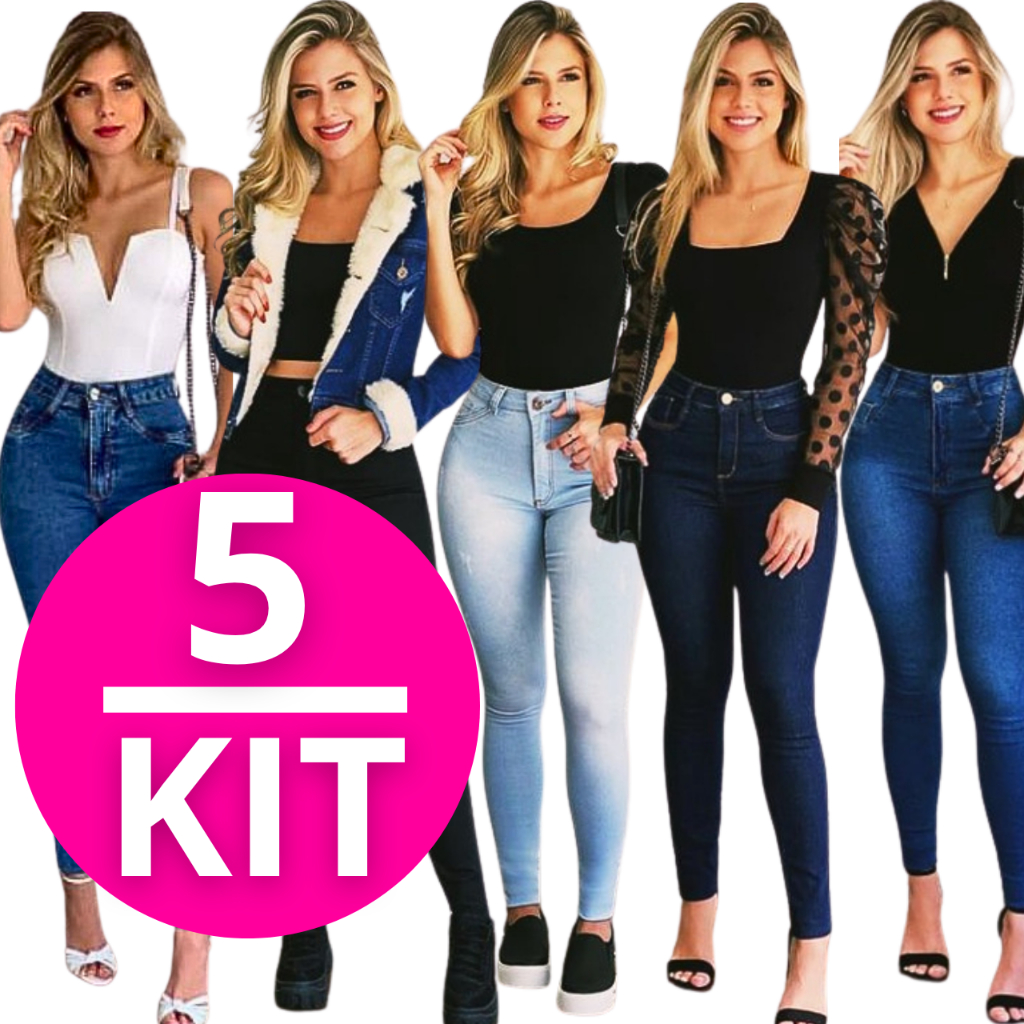 Kit 5 Calça Jeans Feminina Cintura Alta Lycra Premium Efeito Empina Bumbum - Enviamos no mesmo dia!