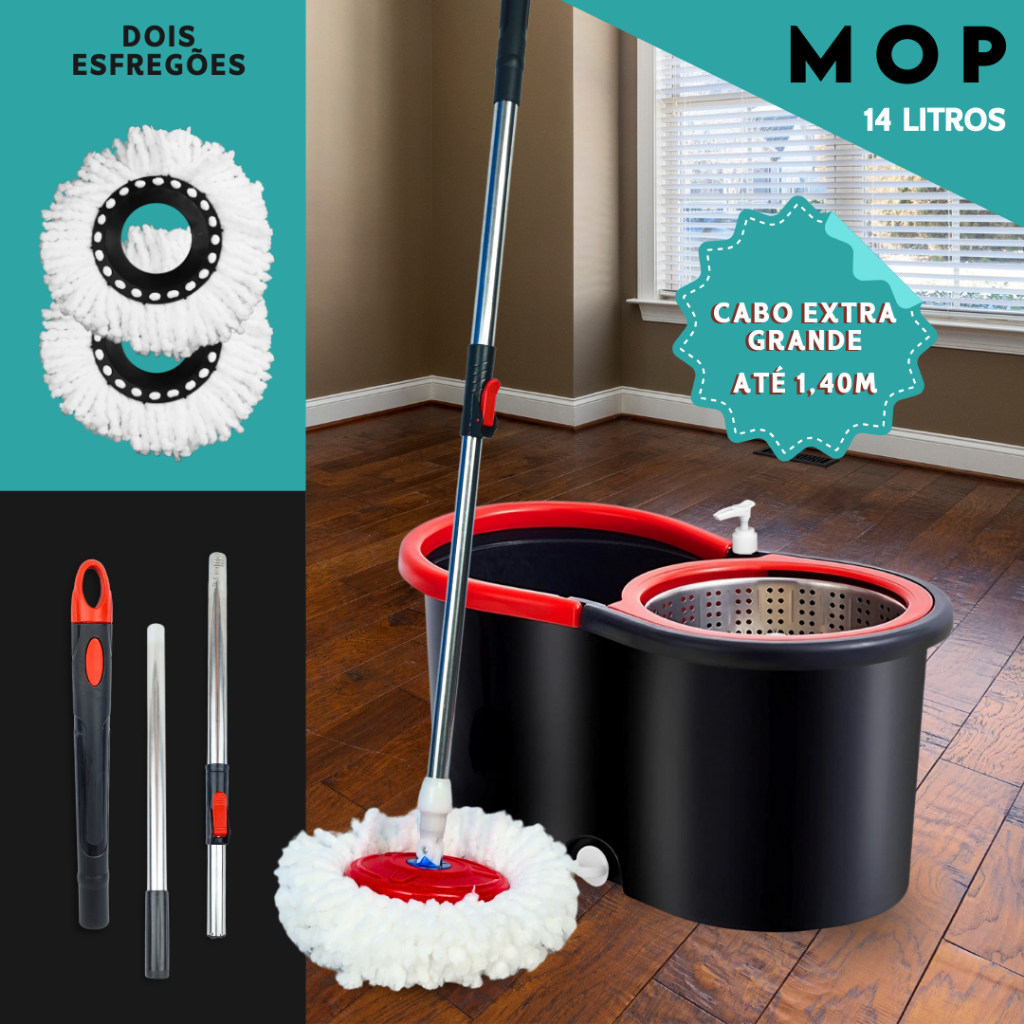 Mop Girátorio Cleaner Profissional – Balde com Centrífuga 14L + Refil Duplo e Cabo Reforçado - MN
