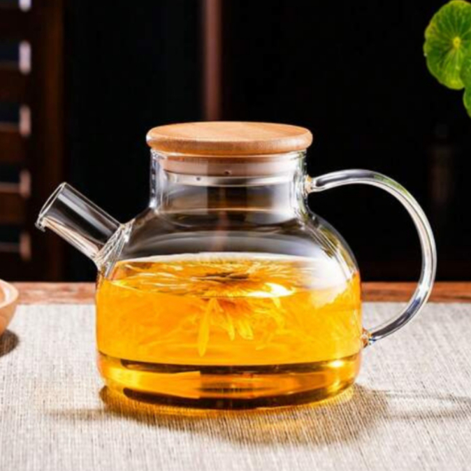 Chaleira Bule de Vidro que vai ao fogo Com Infusor Tampa Bambu Premium Borossilicato 1L Bule Café Ch