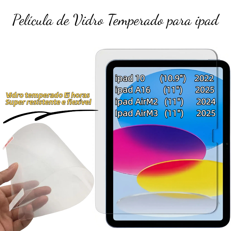 Película de Vidro Temperado para iPad 10/11 (A16) e iPad Air M2/M3 ，Ultra Resistente, 9H, Toque Prec
