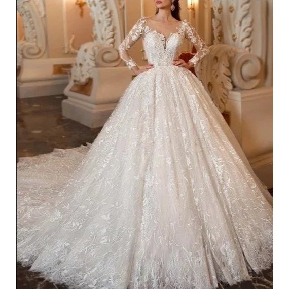 Vestido de Noiva Princesa Luxo com Renda e Manga Longa Lizzie - Moda Sunset
