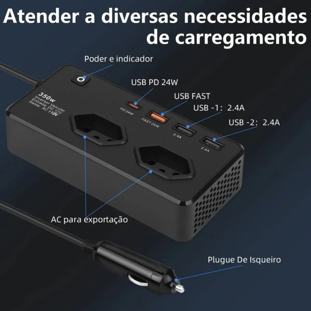 Inversor de Tensão Veicular 12V para 110V 350W 2 TOMADAS 3 USB 1 TIPO-C Display Digital Proteções Co