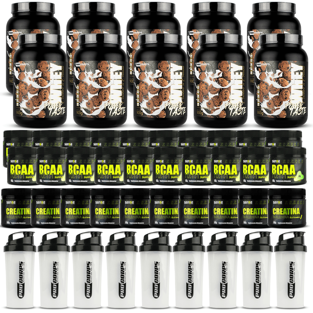 10 Whey Protein + 20 Bcaa Em Po + 10 Creatina Em Po + 10 Coqueteleira