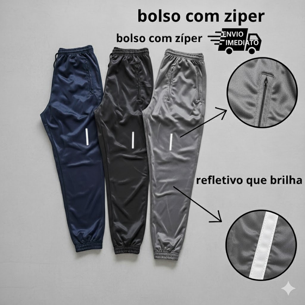 Kit 3 Calças Jogger Unissex Refletiva Esportiva Tecido Chimpa Academia Corrida Casual Masculina Femi