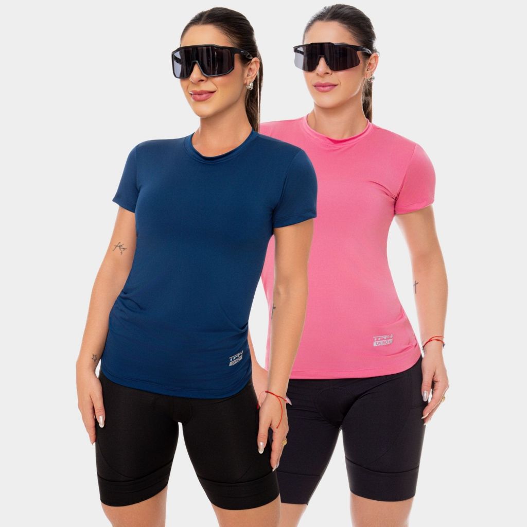2 Camisa Camiseta Blusa Dry Fit Feminina Manga Curta Academia Treino Esporte Corrida Proteção Uv Azu